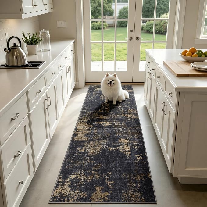 Sasttie 2x10 Soft Runner Rug for Entryway, Modern Abstract Washable Carpet for Hallway, Kitchen and Laundry Room, with Non-Slip Backing, Black and Gold