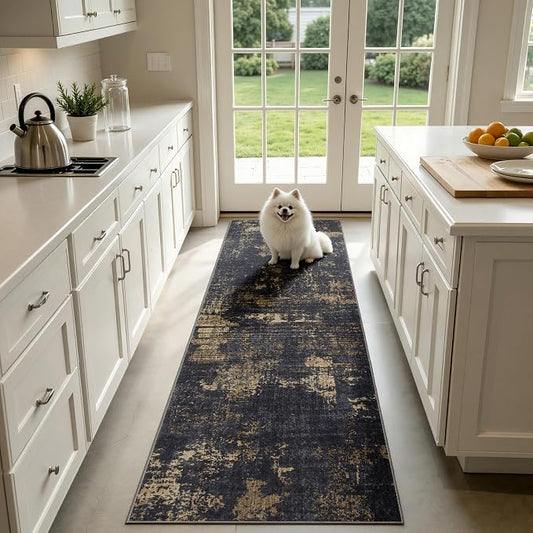 Sasttie 2x10 Soft Runner Rug for Entryway, Modern Abstract Washable Carpet for Hallway, Kitchen and Laundry Room, with Non-Slip Backing, Black and Gold