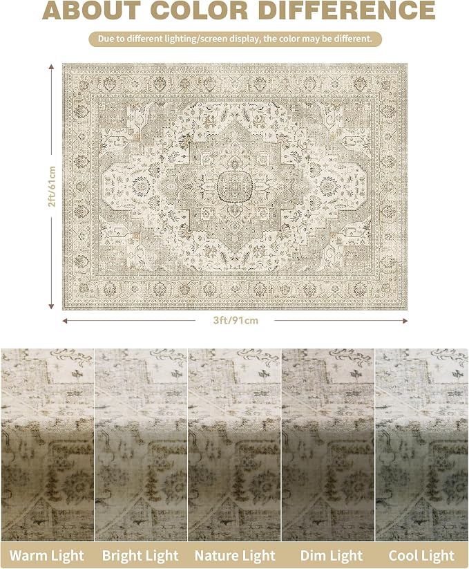 Roxstand 2x3 Washable Entryway Area Rug, Ivory/Beige | Low-Pile Carpet, Non-slip Backing, Stain Resistant, Rug for Kitchen, Laundry Room, Entryway, Vintage Design