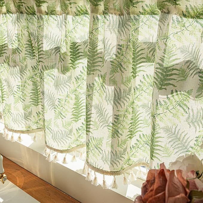 Deeprove Sage Green Boho Valance Window Curtain 18 Inch with Tassels Over Sink Fern Leaf Print KitchenSheer Short for Cafe Closet Farmhouse Chic Vintage Country Style Drape Decor 1 Panel 52W x 18L