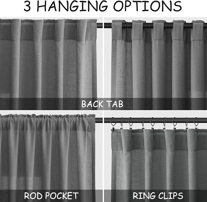 Dark Grey Linen Extra Long Curtain 108 Inches Long 2 Panels Set Back Tab Drapes for Bedroom Lively Farmhouse Light Filtering Semi Sheer Linen Curtains 108 Inch Length for Large Window 52x108