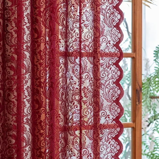 ALIGOGO Burgundy Kitchen Curtains 45 Inch Length, Vintage Floral Dark Red Short Lace Cafe Curtains for Small Window, Rod Pocket Light Flitering Semi-Sheer Art Décor, 52W x 45L Inch, 2 Panels