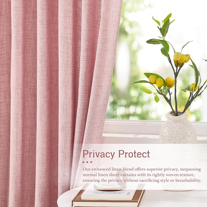 RYB HOME Living Room and Bedroom Curtains and Drapes Linen Sheer, Light Filtering Curtains 84 inches Long, Back Tab/Rod Pocket, Peach Blush, W 52 x L 84 inches, 2 Panels Set