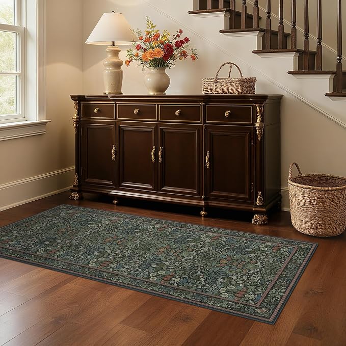 GENIMO 2.5x6 Washable Kitchen Runner Rug, Non Slip Mat, Dark Green | Vintage Boho Floral Low Pile Thin Mat for Entryway, Kitchen, Bedroom, Indoor Decor