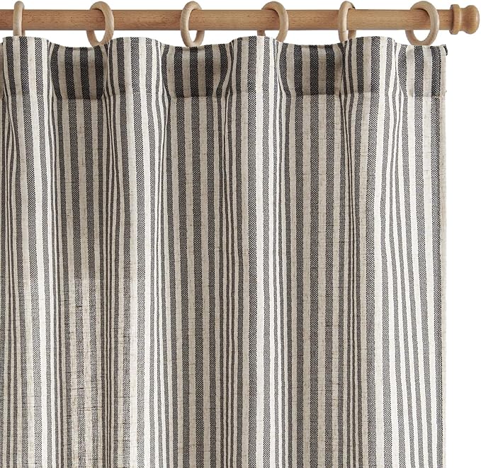 jinchan Linen Curtains 63 Inch Black Stripe on Beige Back Tab 2 Panels | Curtains For Living Room Bedroom,Ticking Stripe, Farmhouse Cottage Core Rustic,Rod Pocket Window Treatment,Light Filtering