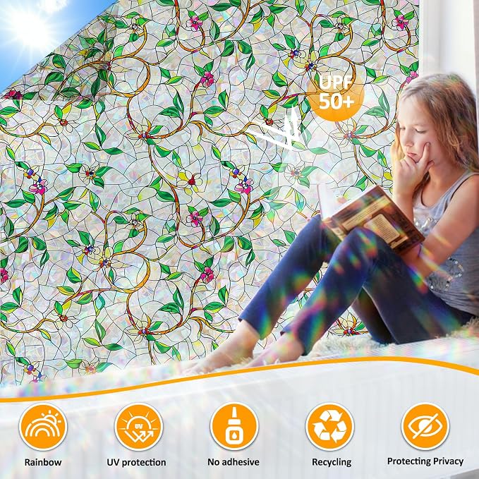Window Privacy Film Stain Glass Window Film Rainbow Window Film Window clings Non-Adhesive Reusable Decorative for Room (Rainbow Vine, 17.5 X 78.7 in)