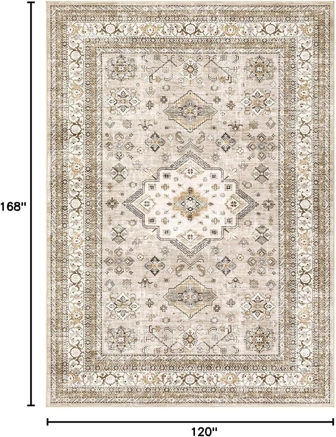 Vintage Living Room Area Rug 10x14 - Large Soft Washable Oriental Traditional Distressed Farmhouse Rugs for Bedroom - Indoor Floor Accent Carpet for Home Office House Decor - Beige
