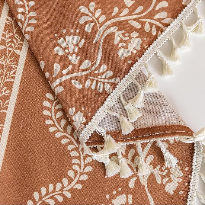 Terracotta Boho Curtains for Living Room, Rust Burnt Orange Bohemian Floral Patterned Rustic Farmhouse Light Filtering Drapes, Retro Printed Whimsical Fun Tassel Tapestry Curtain 84 Inch Long 2 Panels