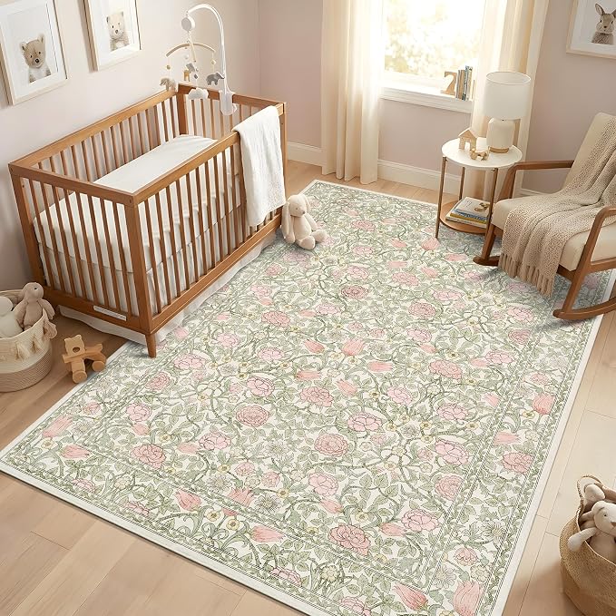 GarveeHome Pink and Green Beige Vintage Floral Small Rug 2x3 Door Mat Indoor Rugs for Entryway Washable Non-Slip TPE Backing Soft Low-Pile Rugs for Bathroom Bedroom Kitchen