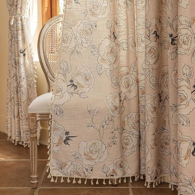 OYX Boho Floral Semi-Blackout Curtains for Bedroom, 2 Panels 52x63 Inches, Grey Rose Vintage Country Pattern with Tassels, Rod Pocket Design, Farmhouse Window Treatments