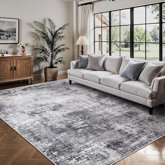 Living Room Rug 6x9, Abstract Modern Ultra Soft Washable Rug, Non Slip Carpet with Rubber Back Stain Resistance Rugs for Bedroom, Dining Room Decor(Black & Grey)