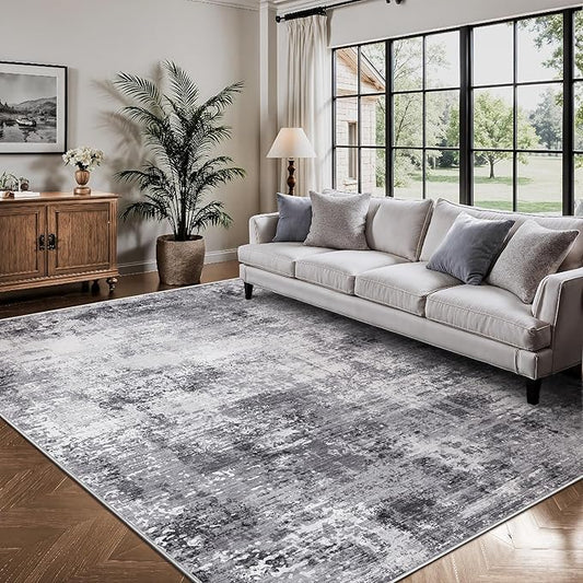 Living Room Rug 6x9, Abstract Modern Ultra Soft Washable Rug, Non Slip Carpet with Rubber Back Stain Resistance Rugs for Bedroom, Dining Room Decor(Black & Grey)