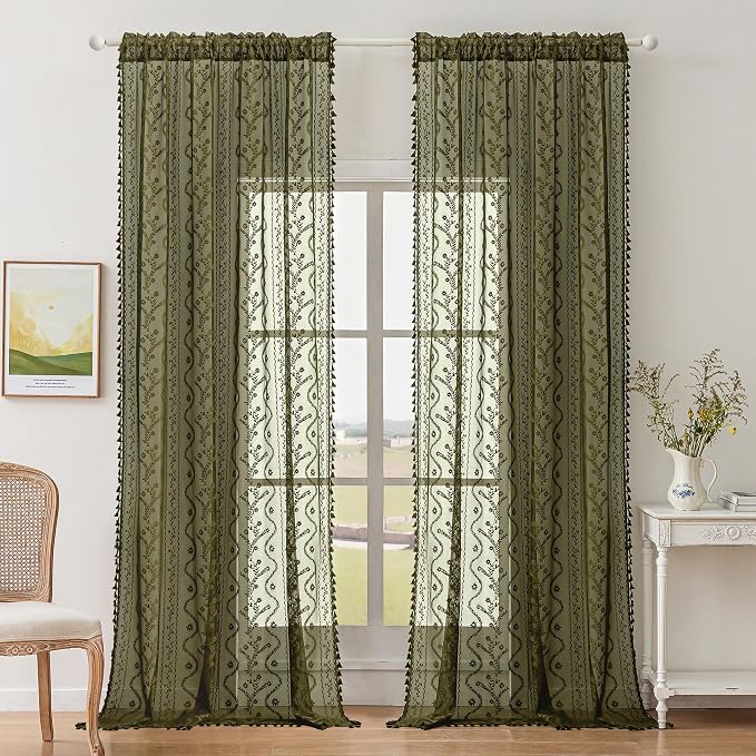 WAZZIO Boho Lace Curtains 2 Panels 84 Inch -Victorian Sheer Panel Drape French Country Floral Pattern & Tassel Light Filtering Privacy for Bedroom Dining Living Room,Coastal Decor,Olive Green,W52x L84