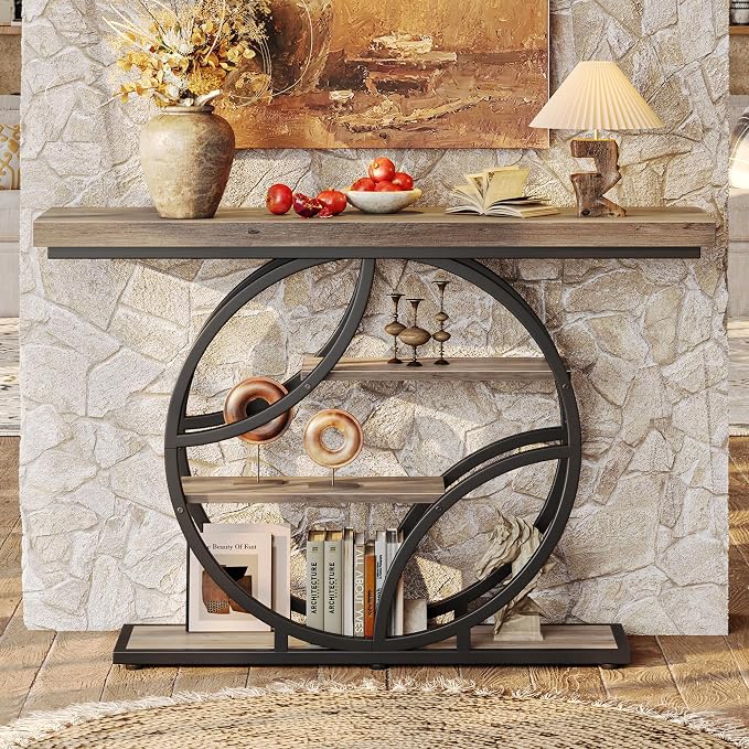 Huuger 47.2 Inch Entryway Table, Industrial Console Sofa Table with Storage, Accent Table with Shelves, for Entry, Hallway, Entrance, Foyer, O-Shaped Metal Frame, Grey