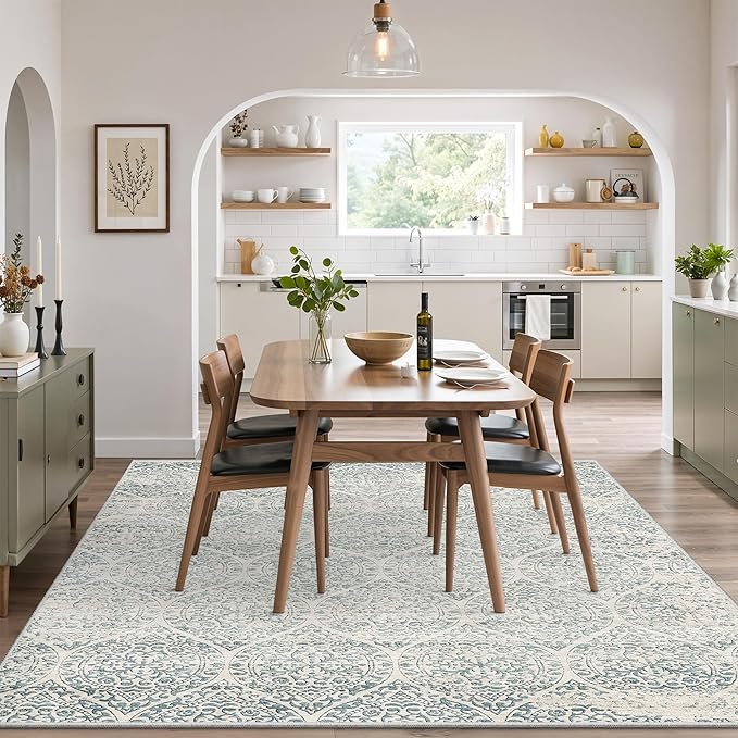 Soalmost 6x9 Area Rugs for Living Room, Moroccan Trellis Washable Soft Rug | Stain Resistant Non-Slip Low Pile Rug Soft Throw Carpet for Dining Room Bedroom Home Office Nursery Teal Blue, 6'x9'