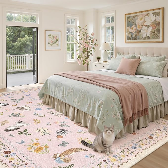 Soalmost Cat 8x10 Pink Area Rugs for Baby Girl Nursery, Washable Animal Floral Vintage Rug Non-Slip Low Pile Soft Throw Rugs for Living Room Dining Room Bedroom Playroom Classroom (8 x 10,Pink)