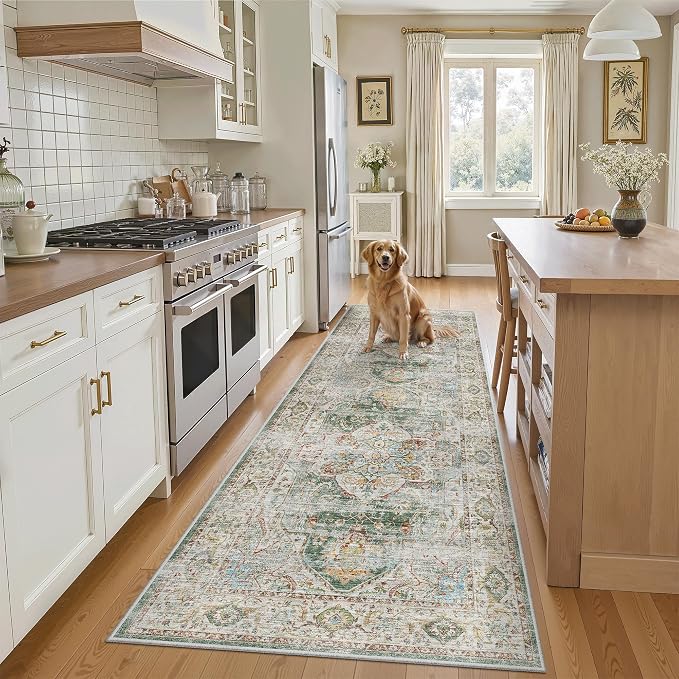 Madane Kitchen Runner 2'6''x8' Soft Rug Runners for Hallways, Green | Vintage Machine Washable Printed Rugs 2.5x8 Ft, Non-Slip Low Pile Stain-Resistant 8ft Floor Carpet for Laundry Room, Corridor