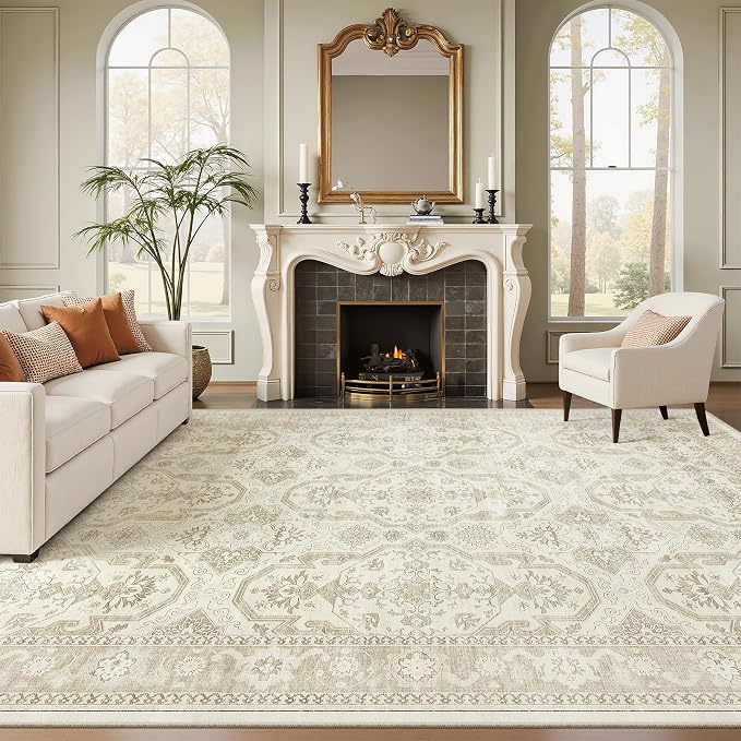 Soalmost 9x12 Area Rugs for Living Room, Non Slip Machine Washable Vintage Rugs, Low Pile Lightweight Large Rug for Bedroom, Dining Room, Home Office Beige/Brown