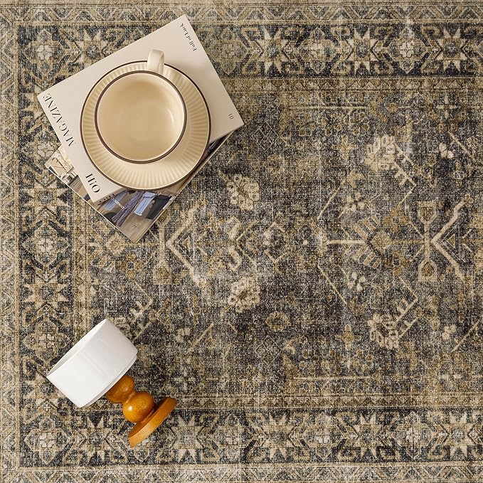 PureCozy 6x9 Brown Black Area Rug for Living Room Washable Vintage Distressed Carpet Large Bedroom Low Pile Non Slip Indoor Soft Retro Throw Accent Rug Office Kitchen Bathroom Dining Room