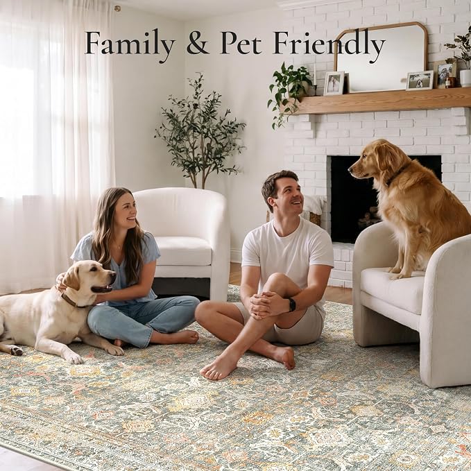 GENIMO 9x12 Area Rugs for Living Room, Machine Washable Non Slip Vintage Rugs, Low Pile Lightweight Chenille Print Rug for Bedroom, Dining Room, Home Office, Turmeric