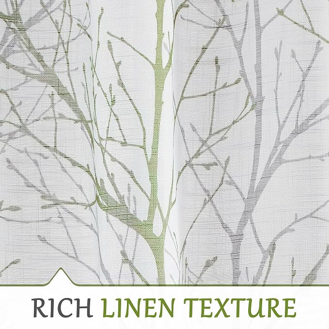 FMFUNCTEX Linen Semi Sheer Curtains for Bedroom, Sage Green White Curtains 108 Inches Long for Living Room, Grey Tree Branch Print Curtain Light Filtering Extra Long Drapes, Grommet Top 2 Panels