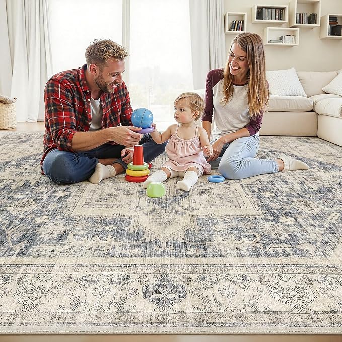10x12 Area Rugs for Living Room - Large Carpet Ultra Thin Soft Washable Oriental Vintage Floral Distressed Big Indoor Carpets for Bedroom Nursery Dorm Home Decor Aesthetic - Blue Beige