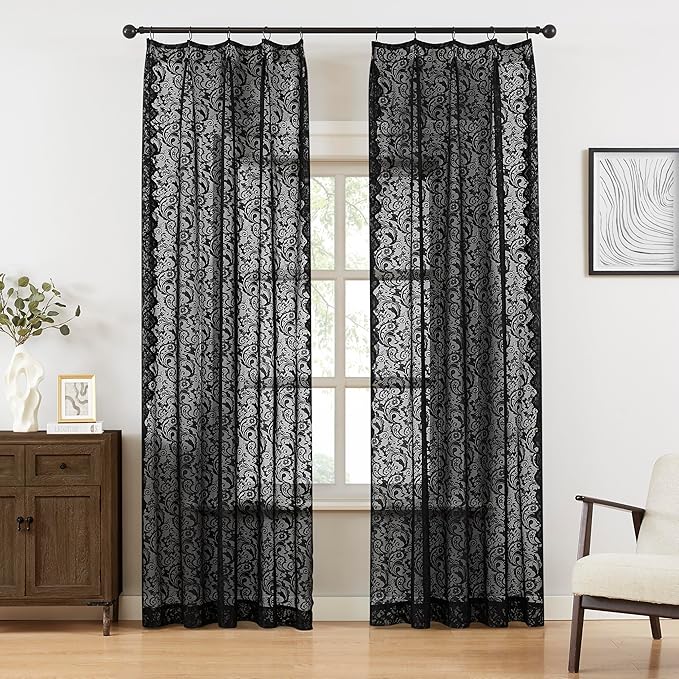 Bujasso Black Lace Pinch Pleat Curtains 63 inch,Gothic Vintage Floral Sheer Drapes with Hooks & Rings, Baroque Damask Scalloped Edge Light Filtering Window Panels for Bedroom Living Room, 40"Wx63"Lx2