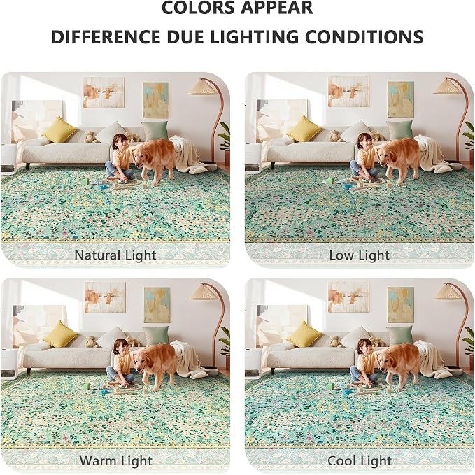 5x7 Area Rugs, Vintage Washable Rug for Bedroom, Indoor Non-Slip Rugs for Living Room, Dining Room, Low Pile Home Decor Floral Rug(Green Floral)