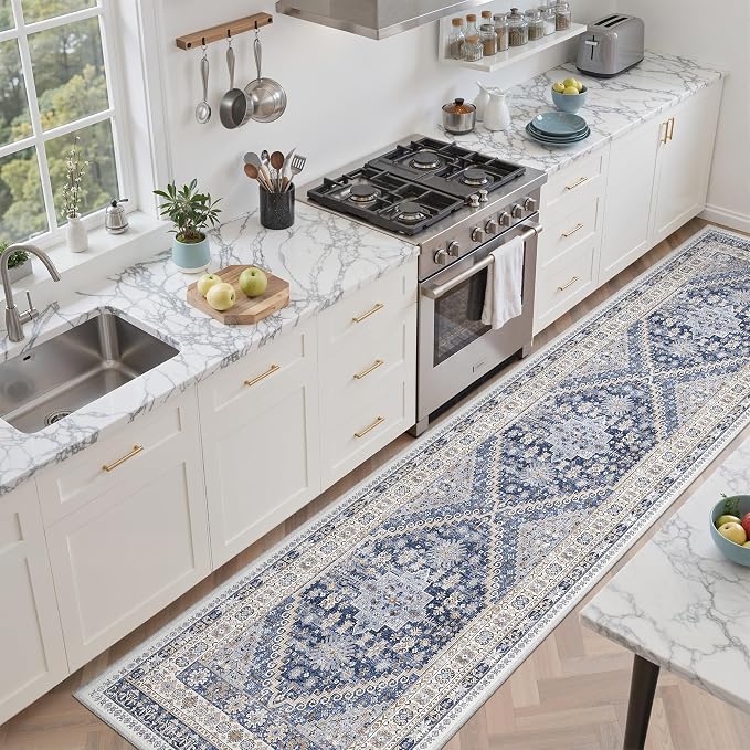 zesthome 2x7 Runner Rug Non Slip, Thin Entryway Washable Rug for Entryway, Runners for Hallways, Low Pile Vintage Abstract Soft Rugs for Living Room, Kitchen, Bedroom(Blue/Beige,2'x7')