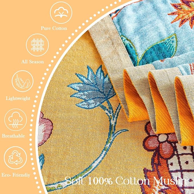 Boho Blanket Soft Muslin Boho Throw Blanket 100% Cotton Blanket All Seasons Reversible Rustic Floral Printed Vintage Rustic Farmhouse Decor Throw for Sofa Couch Chair (Yellow, 60"x80")