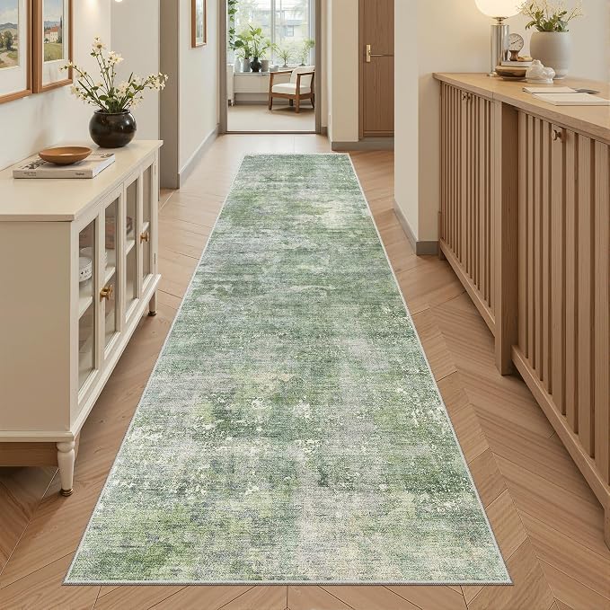 Soalmost Runner Rug 2x8 Washable Non-Slip Hallway Runner Rugs for Kitchen Bathroom Laundry Room Green/Ivory Vintage Floor Carpet Runners for Hallways Entryway