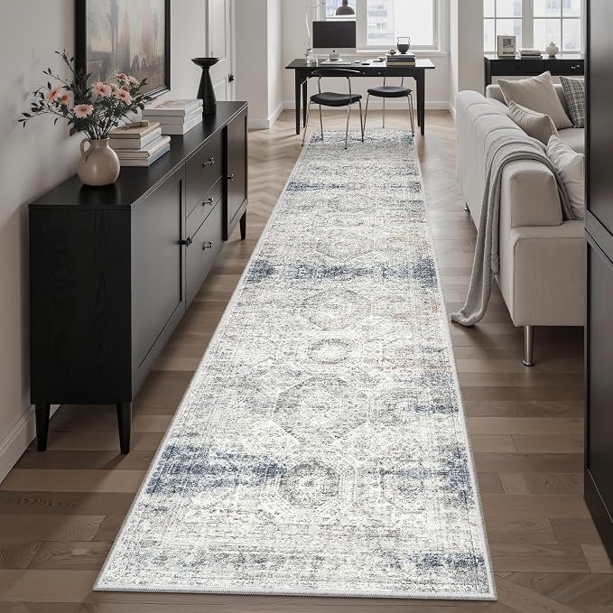 Soalmost Runner Rug 2x10 Washable Non-Slip Hallway Runner Rugs for Kitchen Bathroom Laundry Room Blue Ivory Vintage Floor Carpet Runners for Hallways Entryway