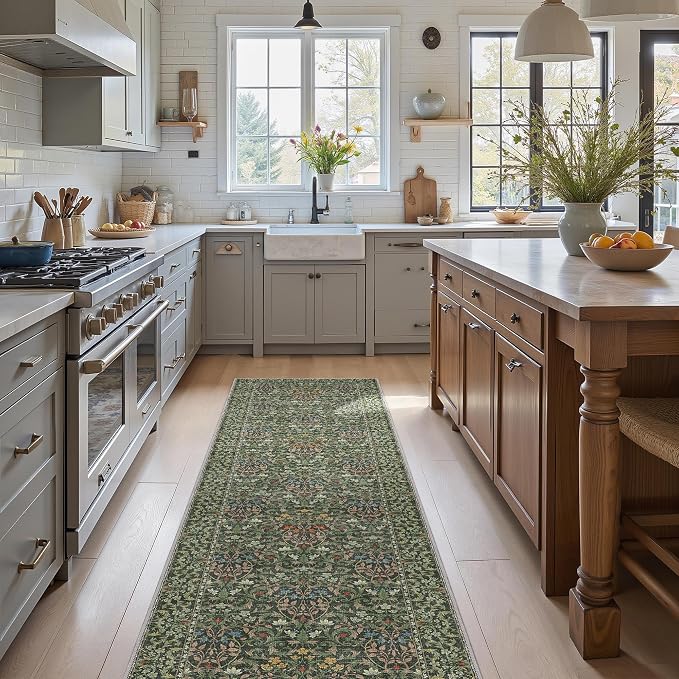 GENIMO 2.5x10 Washable Long Runner Rug, Non Slip Hallway Mat, Emerald Green | Vintage Boho Floral Low Pile Thin Mat for Entryway, Kitchen, Bedroom, Indoor Decor