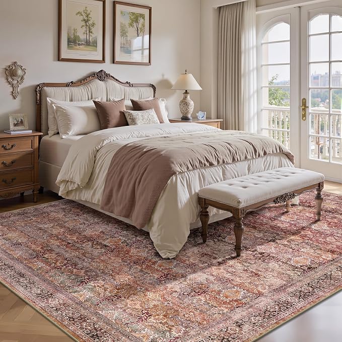 8x10 Area Rugs for Living Room - Washable Vintage Retro Large Rug, Soft Ultra Thin Non Slip Low Pile Traditional Distressed Boho Carpet for Bedroom Dining Room Home Office, Vintage Iron Red