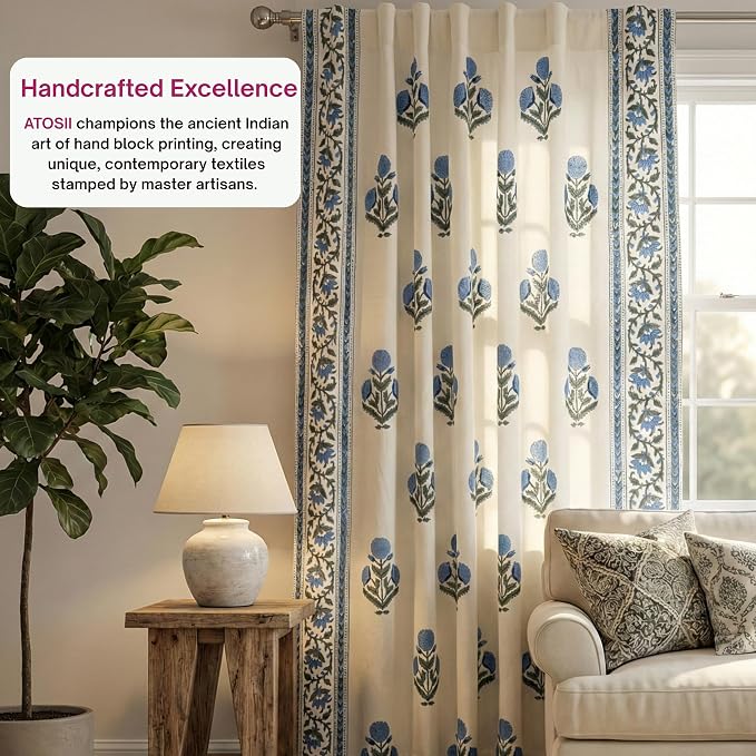 ATOSII 100% Cotton Single Panel Block Print Curtain, Easy Hanging with Rod Pocket & Loop, Living Room, Dining Room, Bedroom Light Filtering Boho Curtains, Set of 1, 60" W X 108" L, Flora Blue Poppy