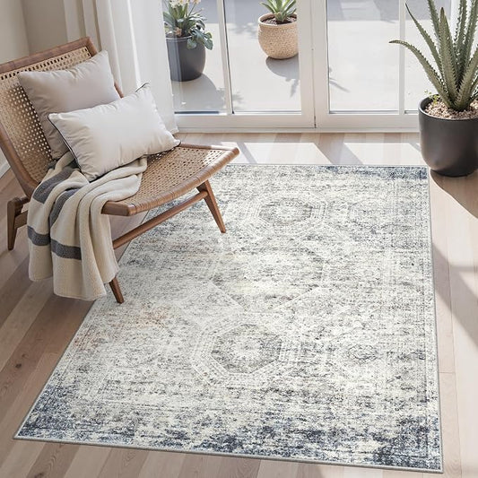Soalmost 4x6 Area Rugs for Living Room, Vintage Washable Rugs for Dining Room, Bedroom, Home Office Decor, Non-Slip Blue Ivory Carpet Thin Rug