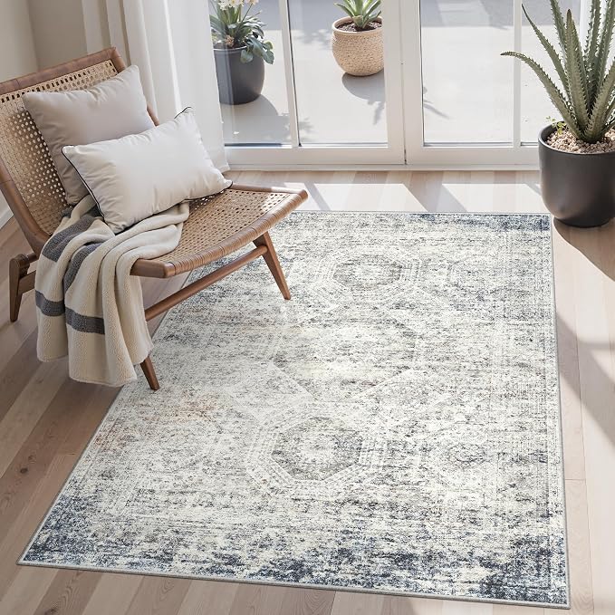 Soalmost 3x5 Rug, Small Area Rug for Kitchen, Entryway, Machine Washable Non-Slip Throw Rug, Vintage Carpet for Nursery Coffee Table Blue Ivory