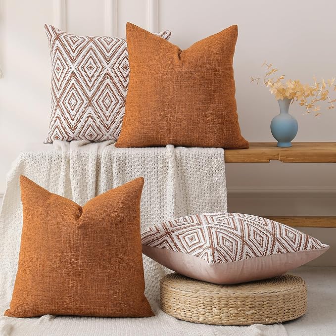 HPUK Throw Pillow Covers 20x20 Inch Set of 4, Linen Decorative Pillow Covers, Accent Cushion Covers for Couch Sofa Bed Bedroom Living Room Décor, Golden Brown