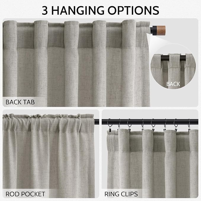 Silver Grey Linen Curtains 102 Inches for Living Room Bedroom Extra Long Back Tab Curtain Neutral Farmhouse Light Filtering Semi Sheer Ceiling to Floor for Large Window Office 2 Panels
