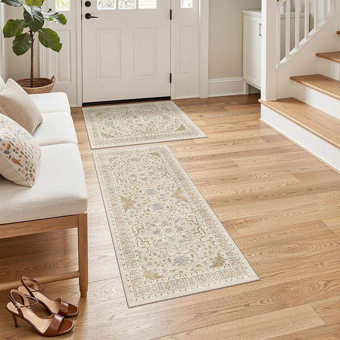 Madane 2-Piece Area Rugs Set, Small Kitchen Runner Non-Slip, Beige/Blue | Rug Runners Vintage Door Mat Indoor Entrance, Low Pile Floor Carpet for Inside Front Bedroom Entryway Entry Laundry 2x3+2x4