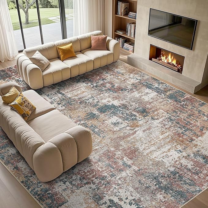Tortania Washable 9x12 Area Rug for Living Room: Modern Abstract Neutral Large Soft Thin Rugs - Non Slip Indoor Carpet for Bedroom Dining Room Office Nursery Home Floor Decoration - Colorful Multi