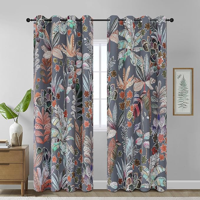 Estelar Textiler Grey Leaves and Petals Pattern Thermal Insulated Blackout Curtains 84 Inches Length for Bedroom/Living Room, Room Darkening Window Drapes with Silver Grommets, 52x84Inch (2 Panels)