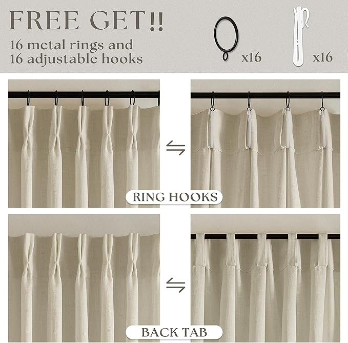 132 Inch Linen Curtains 2 Panels Set Pinch Pleated for Living Room Bedroom Memory Training Shaped Semi Sheer Neutral Beige Tan Flax Burlap Pleat Drapes Hooks Rings Light Filtering Window Curtain