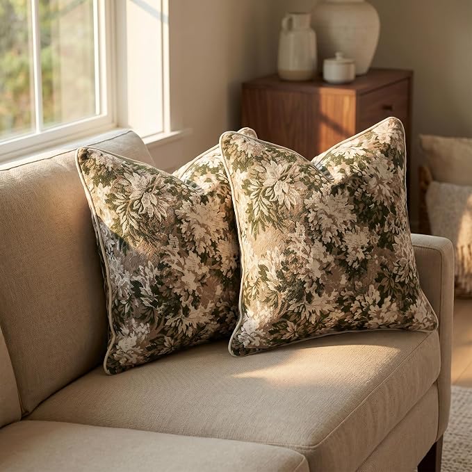 Vintage Floral Throw Pillow Covers 18x18 Inches Set of 2 Boho Farmhouse Pillow Cases Premium Chenille Textured Decorative Cushion Covers for Couch Retro Garden Farmhouse Style Green