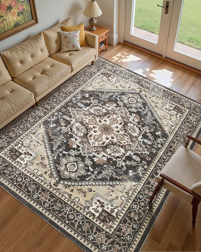 12x15 Vintage Area Rug: Washable Neutral Soft Non Slip Thin Large Floor Carpet for Living Room Bedroom Kitchen Dining Room Home Office Farmhouse Indoor - Black