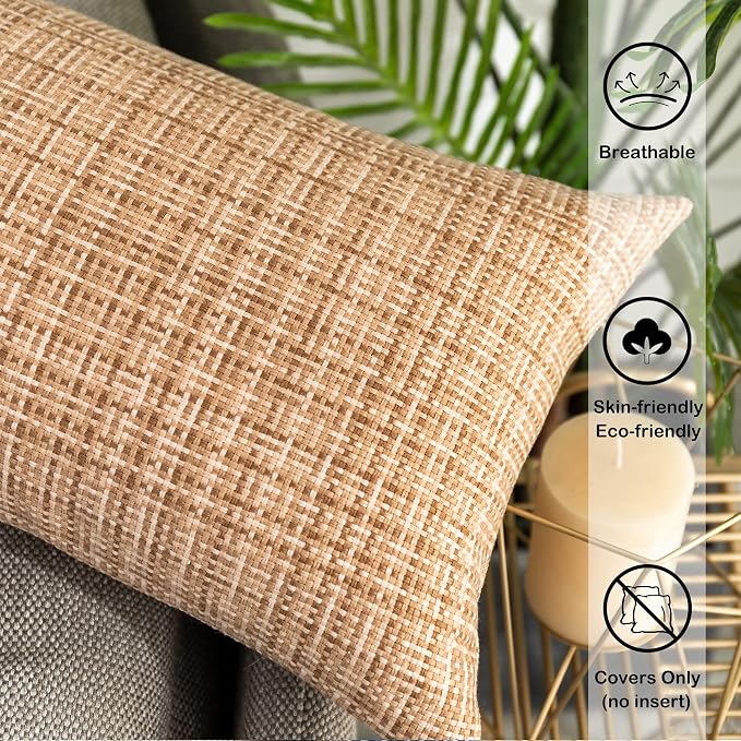 Kevin Textile Throw Pillow Cover Outdoor Waterproof Decorative Square Cushion Covers Water Resistant Pillowcase Shell for Couch Tent Park Pack of 2 (12 x 20 Beige)