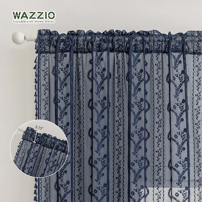 WAZZIO Boho Lace Curtains 2 Panels 63 Inch -Victorian Sheer Panel Drape French Country Floral Pattern & Tassel Light Filtering Privacy for Bedroom Dining Living Room,Coastal Decor,Navy Blue,W52x L63