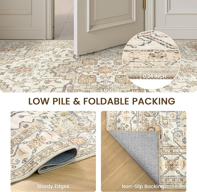 Runner Rug 2x6 Washable Vintage Area Rugs for Hallway Non Slip Laundry Rug Runner Boho Floor Carpet Runners for Entryway Laundry Room Kitchen Bathroom (2'x6',Gold)