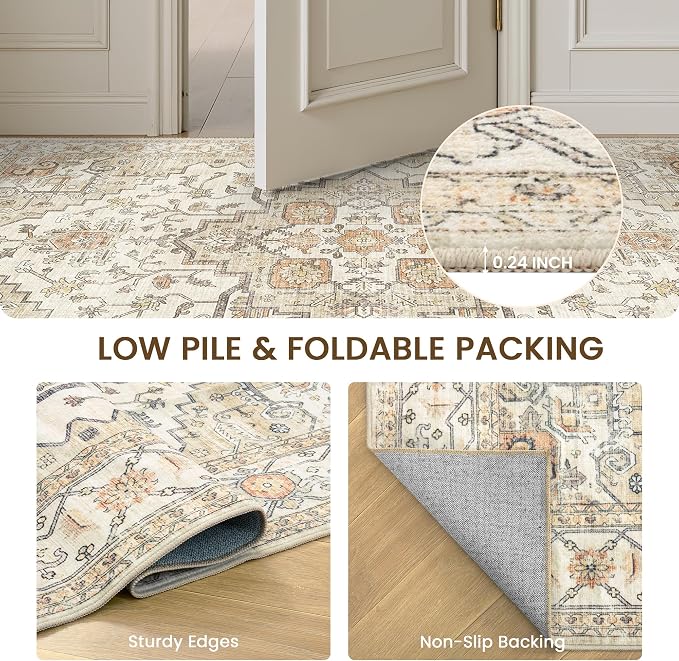 befbee Washable Rugs 10x14 Area Rugs for Living Room,Rugs for Bedroom,Ultra Soft Living Room Bedroom Large Carpe,Low Pile Vintage Print Rug for Home Office Decor (10'x 14',Gold)