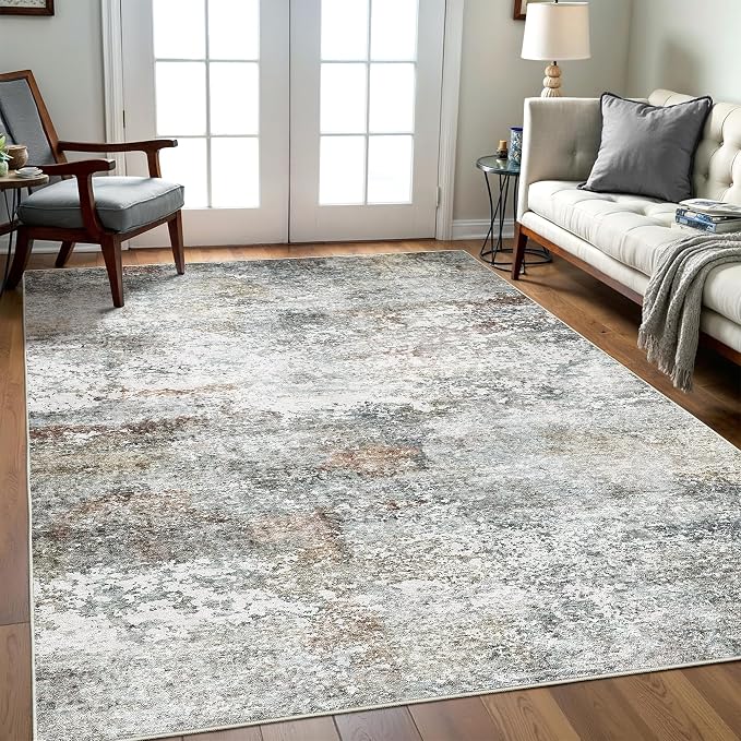 Art&Tuft Washable Rug 6x9, Anti-Slip Backing Abstract Area Rugs, Stain Resistant 6x9 Rugs for Living Room, Foldable Machine Washable Area Rug(6'x9', Grey/Rust)